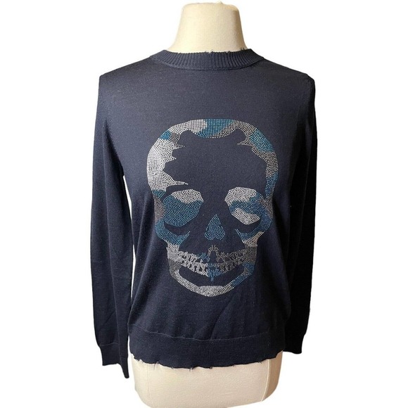 ZADIG & VOLTAIRE NEW Navy Blue Camo Skull Sweater Medium Merino Wool - Picture 1 of 13